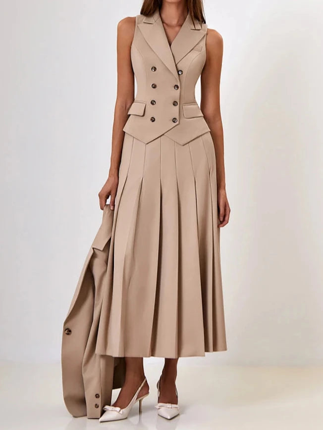 A&A Notched Elegant Collar Vest And Pleated Maxi Skirt Set patchwork skirt art