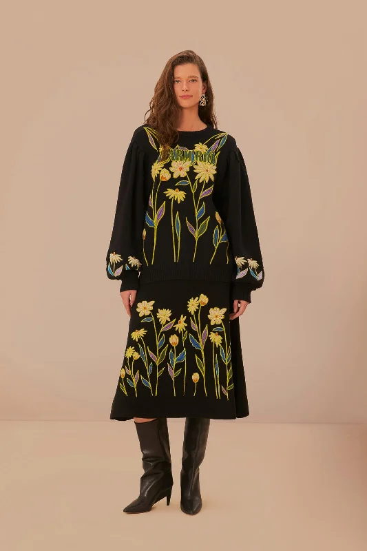 Black Farm Rio Flowers Embroidered Knit Skirt cashmere skirt fine