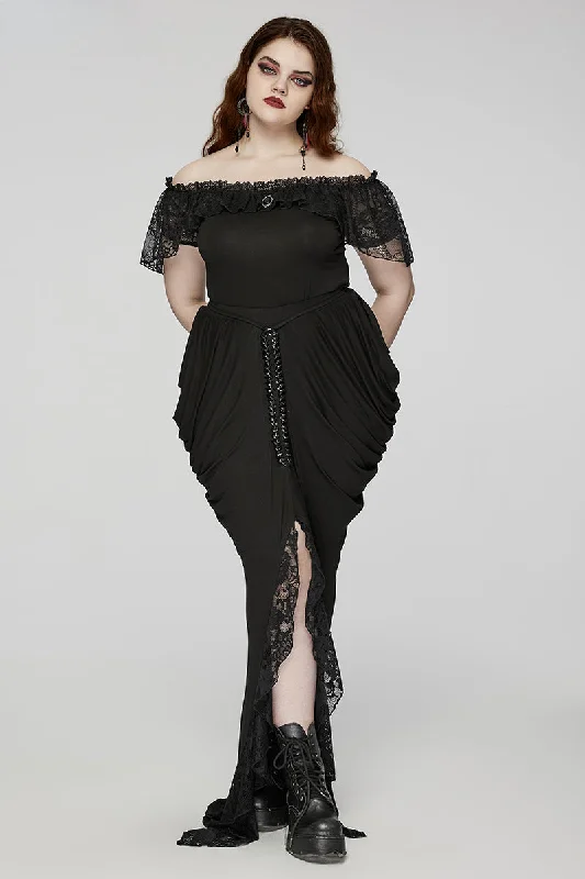 Women's Gothic Knitted and Lace Hip Side Designed Pleat Long Elegance Personality Party Skirt satin skirt smooth