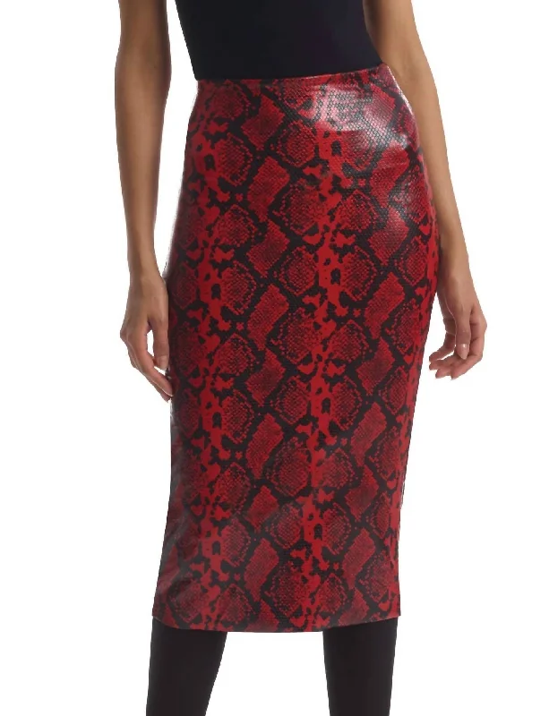 Faux Leather Animal Midi Skirt In Red Snake pencil skirt chic