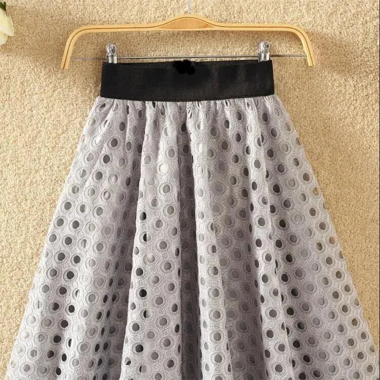 Female High Waiste A-line Versatile Pompous Skirt Circle Cut-out Lace Medium Length Slim Elegant Streetwear Skirt lace skirt intricate