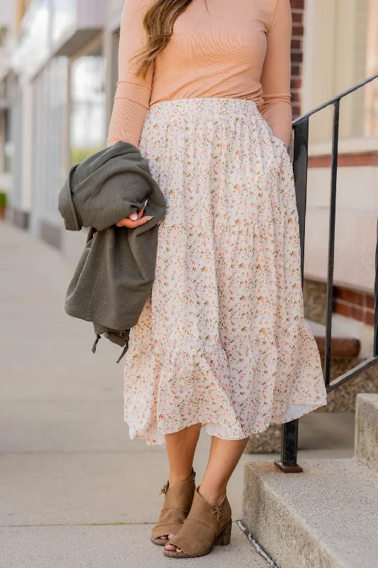 Feminine Floral Tiered Midi Skirt velvet skirt rich