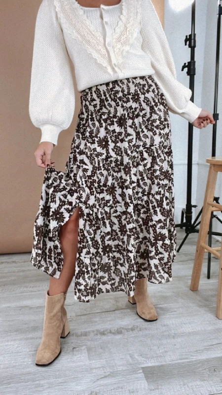 Floral Bliss Maxi Skirt, Brown corduroy skirt durable