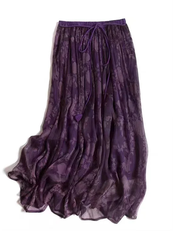 floral romantic skirt,purple silk skirt  3627 chiffon skirt floaty