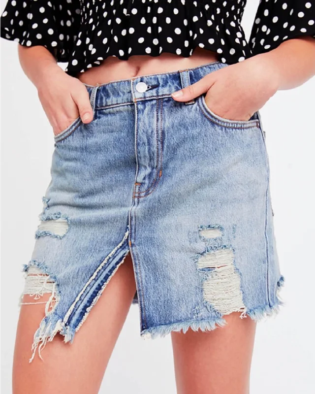 Free People - Relaxed & Destroyed Skirt in Blue mini skirt trendy