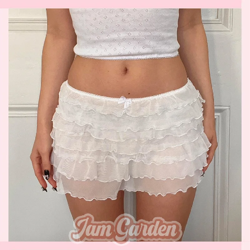 French lace stitching mesh bow layered cake skirt denim skirt classic