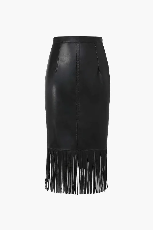 Fringe Hem Faux Leather Midi Skirt cashmere skirt fine