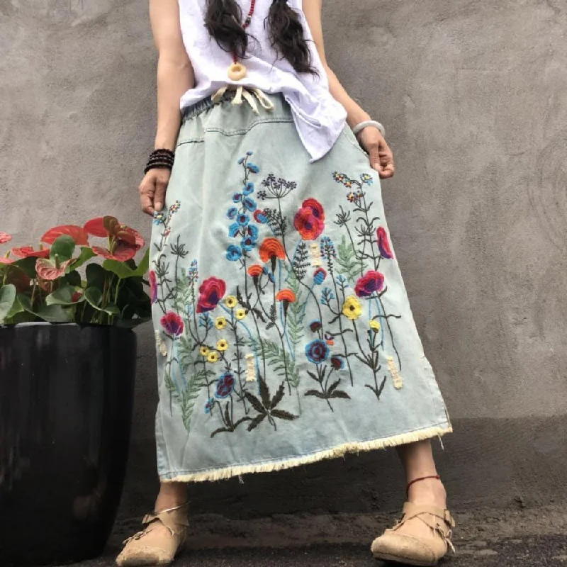 Gigi Embroidered Detail Denim Skirt floral skirt print