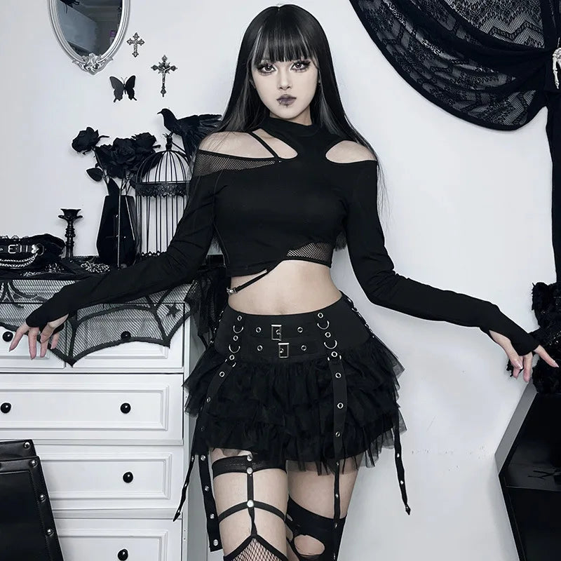 Harajuku Gothic Dark Women CyberY2k E-girl Streetwear Hip Hop Eyelet Ribbons Mesh Patchwork Cake Skirt velvet skirt luxurious