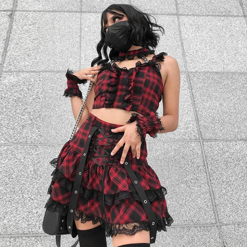 Harajuku Plaid Gothic Girl High Waist Plaided Lolita Mini Sets Japanese Fashion Streetwear Skirt midi skirt versatile