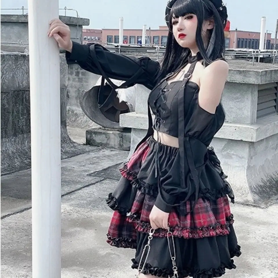 Harajuku Two-dimensional Dark Petticoat Cosplay Red Plaid Stitching High Waist A-line Spice Girl Rock Skirt denim skirt classic