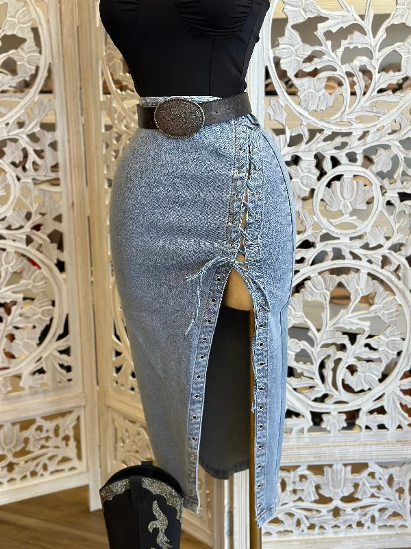 High Tie Up Slit Denim Midi Skirt- Stretchy vintage skirt charm