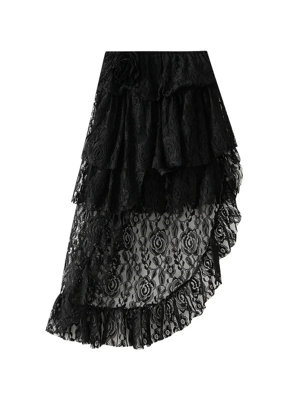 High Waist Irregular Lace Cake Skirt denim skirt classic