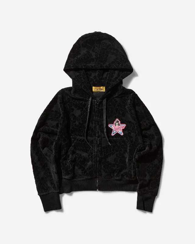 Women's Flame Logo Jacquard Cropped Zip Hoodie Black Hoodie Dress Longline Feminine