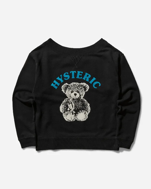 Women's Girl On Bear Sweatshirt Black Hoodie with Hem Embroidery Detailed Premium