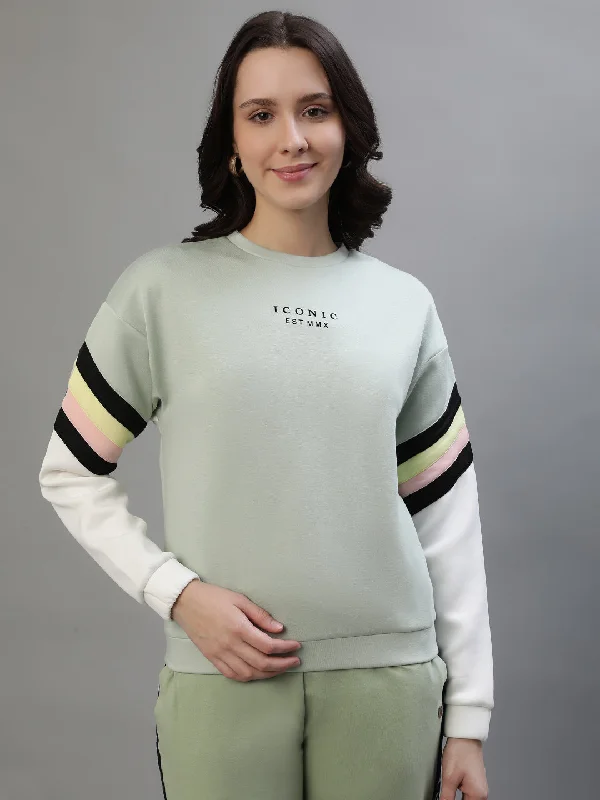 Iconic Women Mint Color Blocked Round Neck Sweatshirt Hoodie with Rolled Sleeves Casual Relaxed Iconic Women Mint Color Blocked Round Neck Sweatshirt Hoodie with Rolled Sleeves Casual Relaxed
