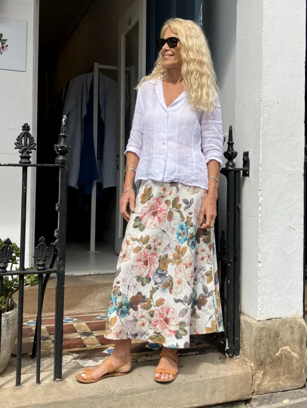Jiva Midi Linen Prudence Skirt- Camellia Print - White Base lace skirt feminine