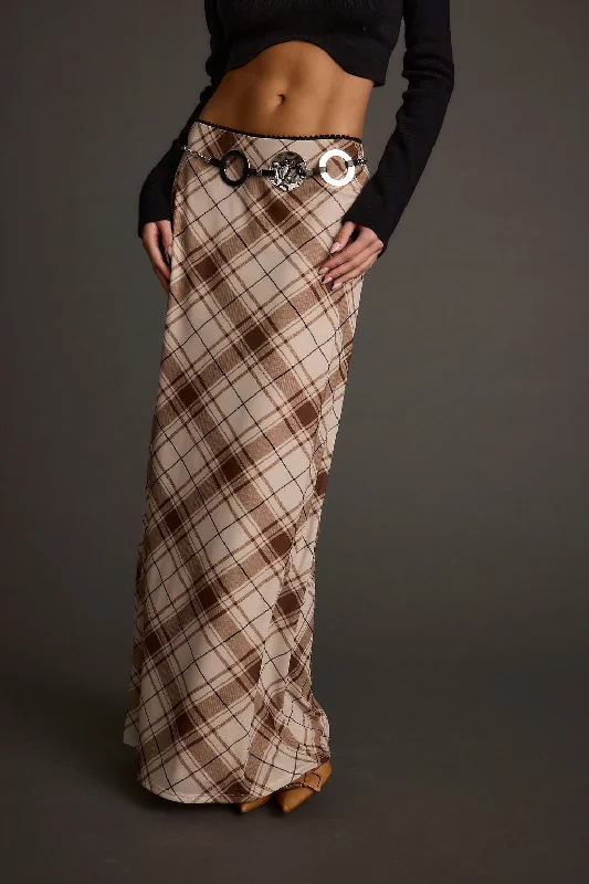 Julia Brown Plaid Mesh Maxi Skirt boho skirt vibe