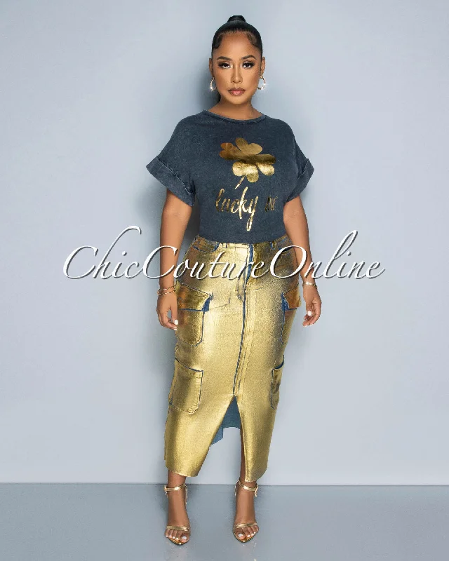 Kavia Denim Gold Foil Front Slit Maxi Cargo Skirt wool skirt thick