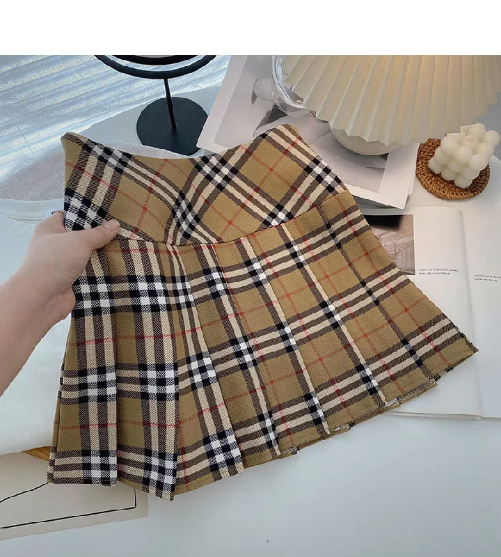 Khaki pleated skirt women's high waist A-line plaid skirt  5314 wool skirt warm