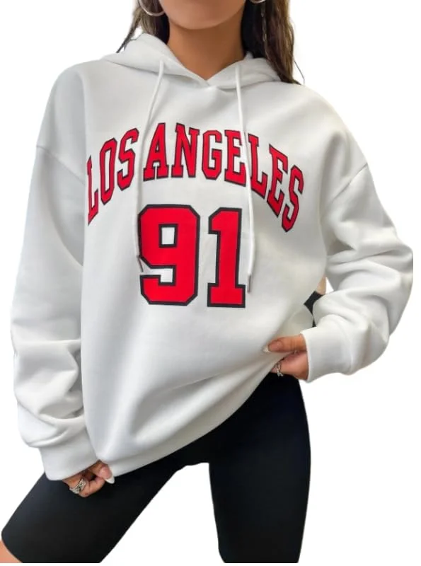 KSHS Cotton Fleece Oversized Loose Fit Hooded Sweatshirt Full Sleeves Cool & Stylish Graphic Printed Jumper Sweatshirt Winter Wear for Women (White) Hoodie with Sequins Glamorous Eye-catching