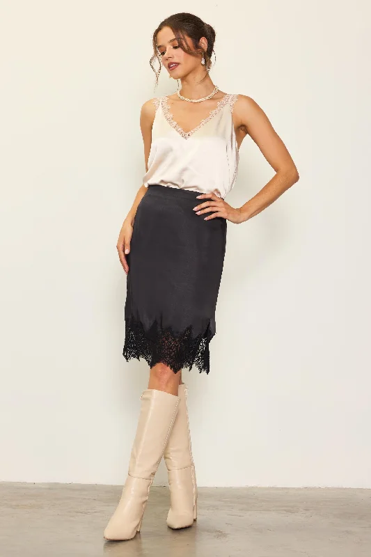 Lace Trim Satin Midi Skirt velvet skirt glossy