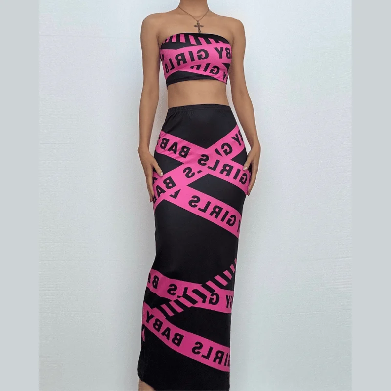 Letter print tube maxi skirt set pleated skirt texture