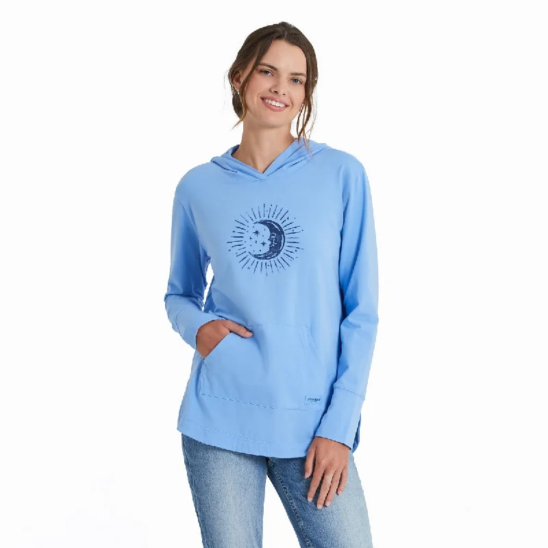 Life is Good Women's Woodcut Moon Stars Crusher-FLEX Hoodie Tunic, Cornflower Blue Hoodie with Elastic Cuffs Stretchable Comfortable