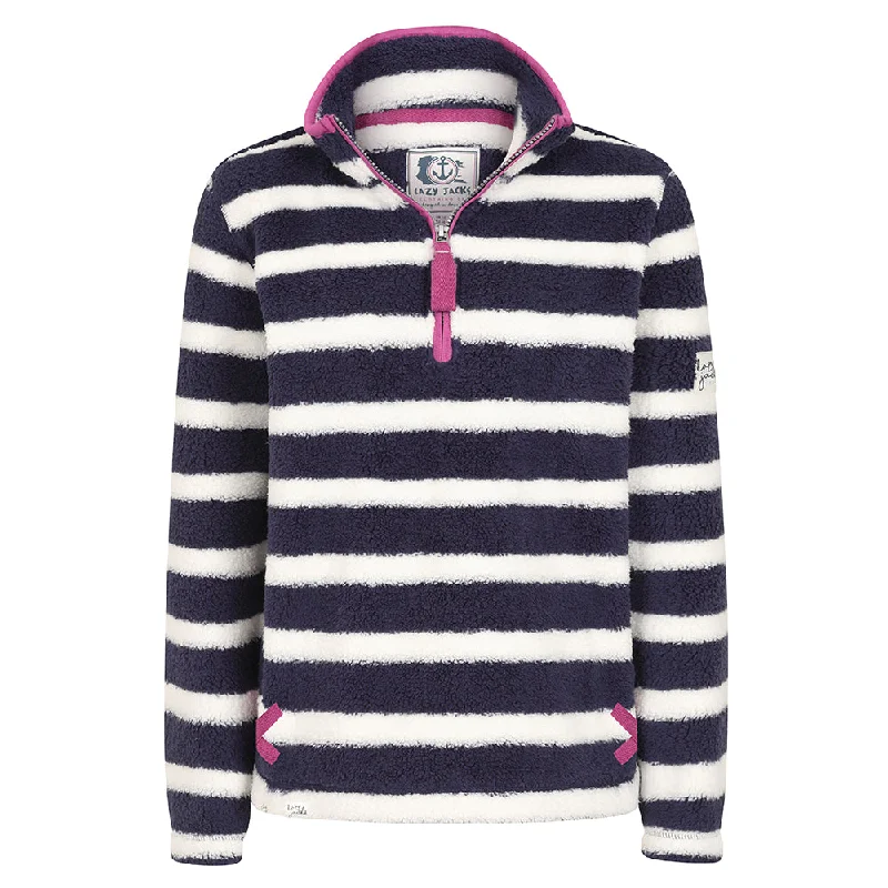 LJ86S - Striped 1/4 Zip Sweatshirt - Marine Hoodie with Tied Waist Feminine Flattering