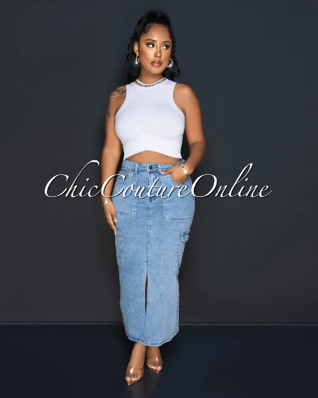 Manchester Light Denim Front Slit Maxi Cargo Skirt wool skirt sturdy