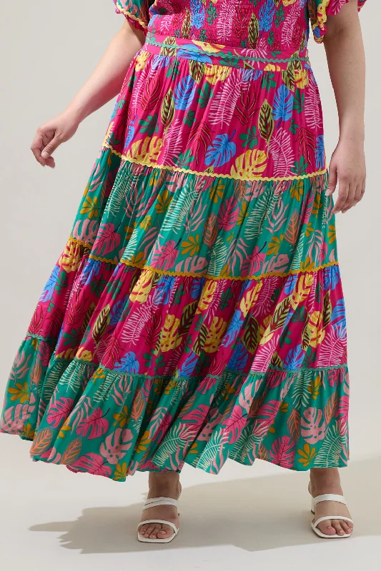 Marina Tropical Tiered Maxi Skirt Curve high slit skirt