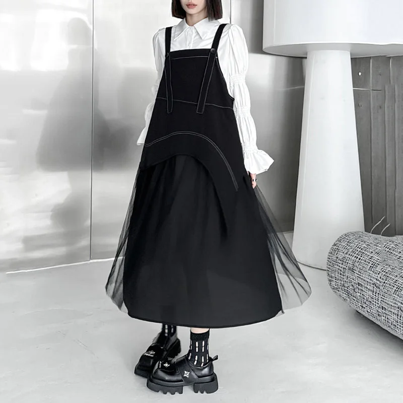 Mesh Patchwork Suspender Skirt denim skirt durable
