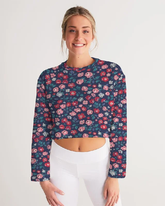 Midnight blue pretty glance.  Women's All-Over Print Cropped Sweatshirt Hoodie with Frayed Bohemian Relaxed