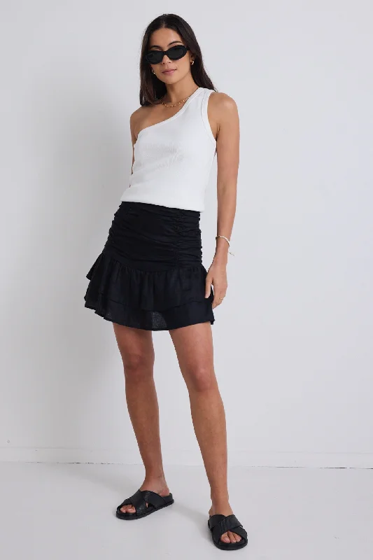 Milo Black Linen Rouched Tiered  Mini Skirt wool skirt warm