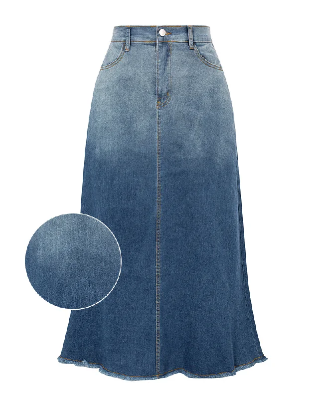 Multi-Pocket Jean Skirt Elastic High Waist Raw Hem Midi A-Line Skirt corduroy skirt cozy