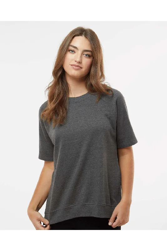 MV Sport Womens French Terry Short Sleeve Crewneck Sweatshirt - Charcoal Grey Hoodie with Hem Embroidery Detailed Premium
