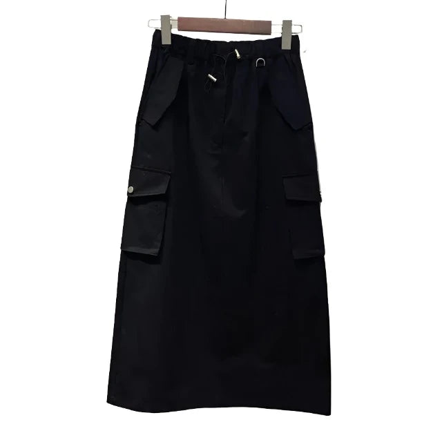 New Cargo Skirts for Women Long Skirts Elastic Waist Spring Summer Drawstring Girls Full Length Skirt Black satin skirt smooth