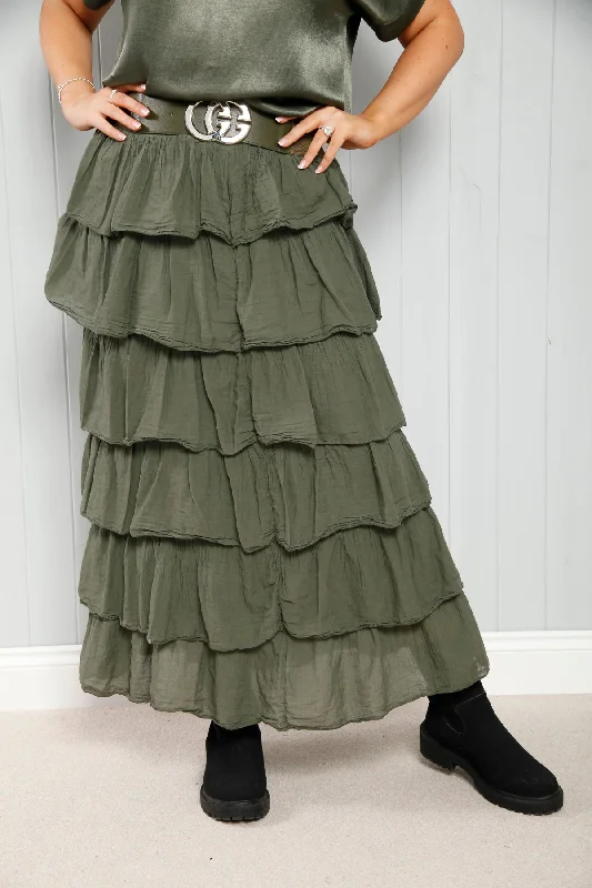 Olga Ruffle Skirt Khaki lace skirt elegant
