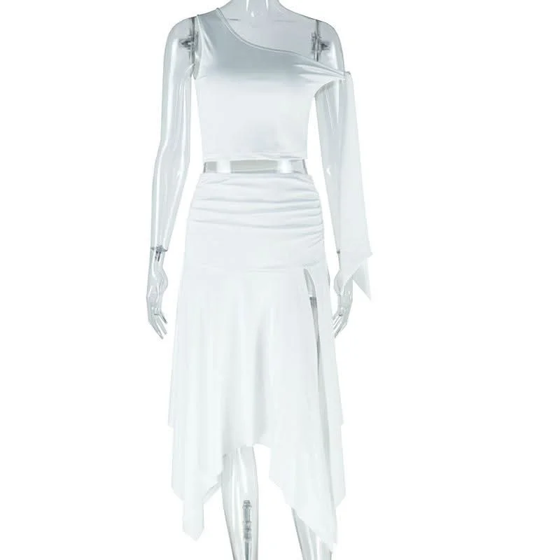 One shoulder knitted ruched slit midi skirt set corduroy skirt durable