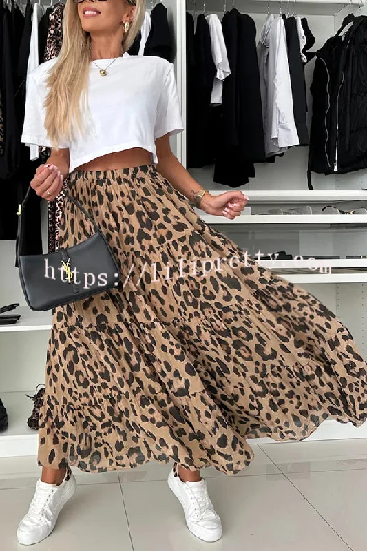 Unique and Comfortable Leopard Print Elastic Waist A-line Layered Maxi Skirt slim fit skirt