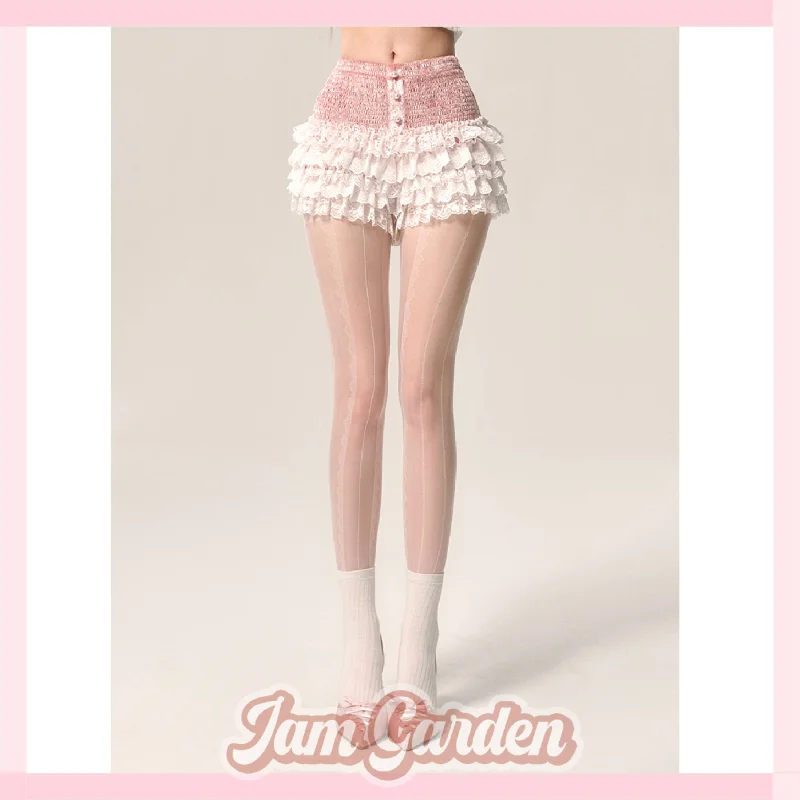 Pink and white French new style lace skirt shorts ribbed skirt waist
