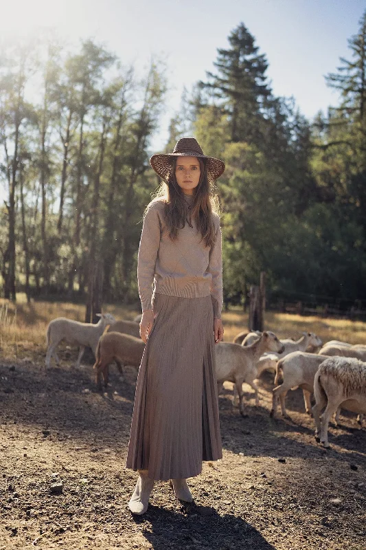 Pleated Faux Suede Skirt 37"-Taupe seamless skirt comfort