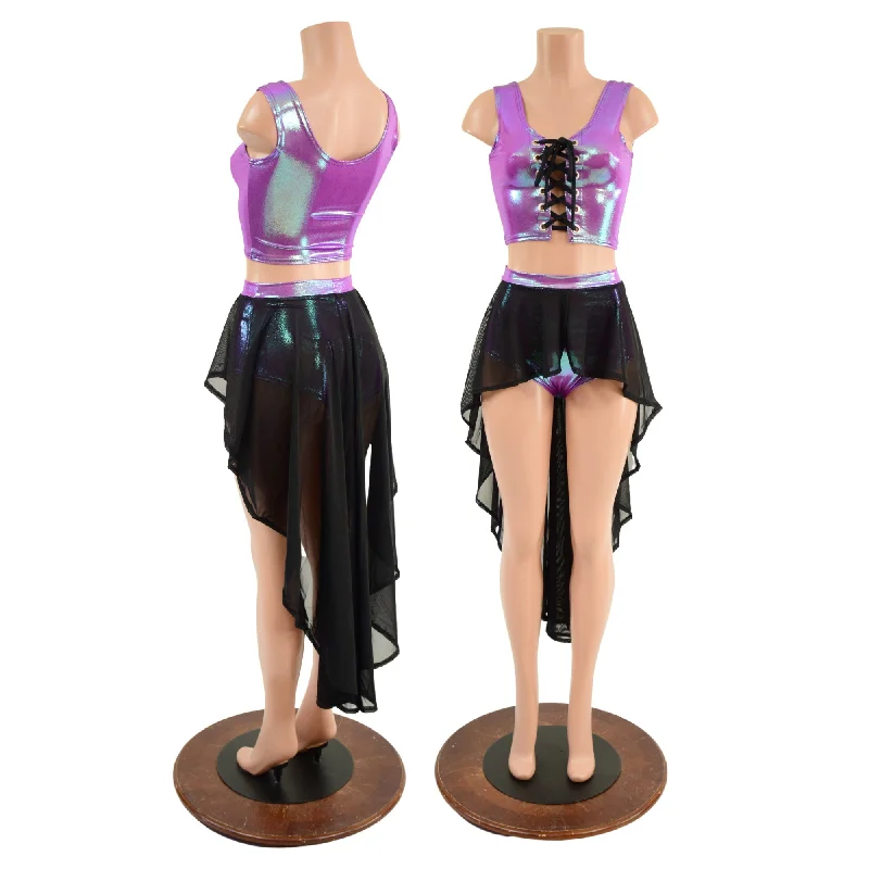 Plumeria Laceup Set with Mesh Hi Lo Overskirt leather skirt sleek