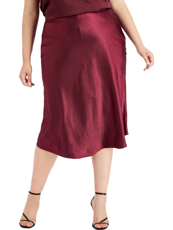 Plus Womens Satin Calf Midi Skirt leather skirt bold