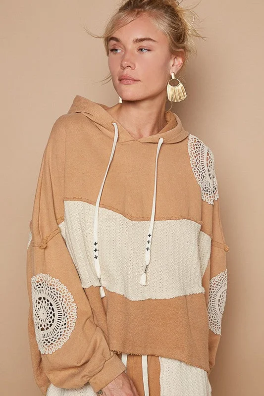 POL Openwork Contrast Dropped Shoulder Hoodie Hoodie with Turtle Neck Cozy Winter