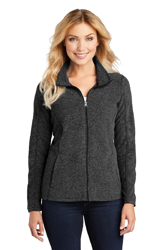Port Authority Womens Pill Resistant Heather Microfleece Full Zip Sweatshirt - Heather Charcoal Black Hoodie with Drop Shoulder Relaxed Streetwear