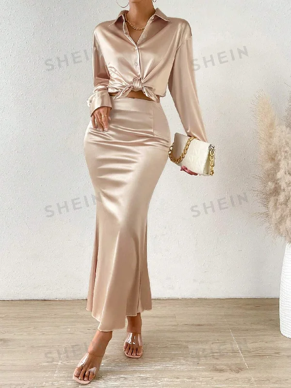 Privé Solid Button Front Shirt & Mermaid Hem Skirt cashmere skirt rich