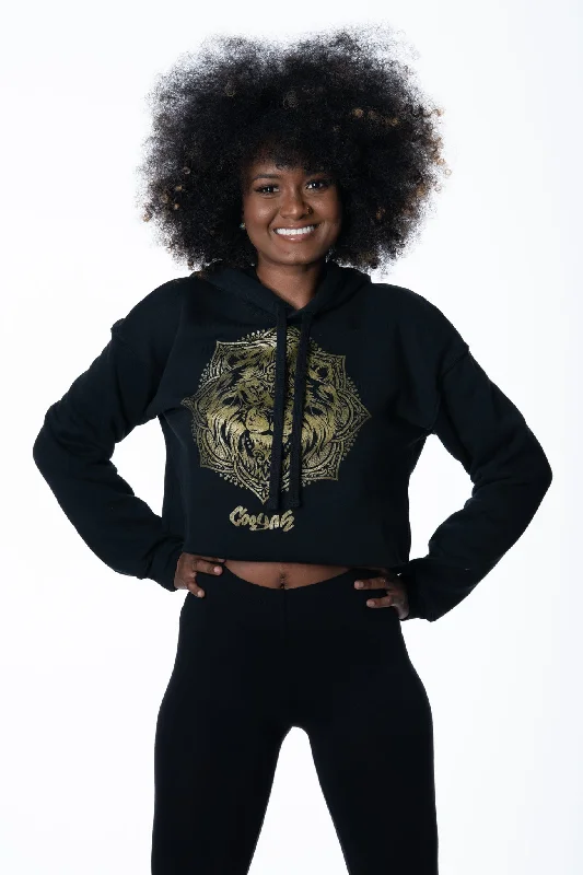 Lion Mandala Cropped Hoodie with Metallic Print Hoodie with Hood Adjustable Protection