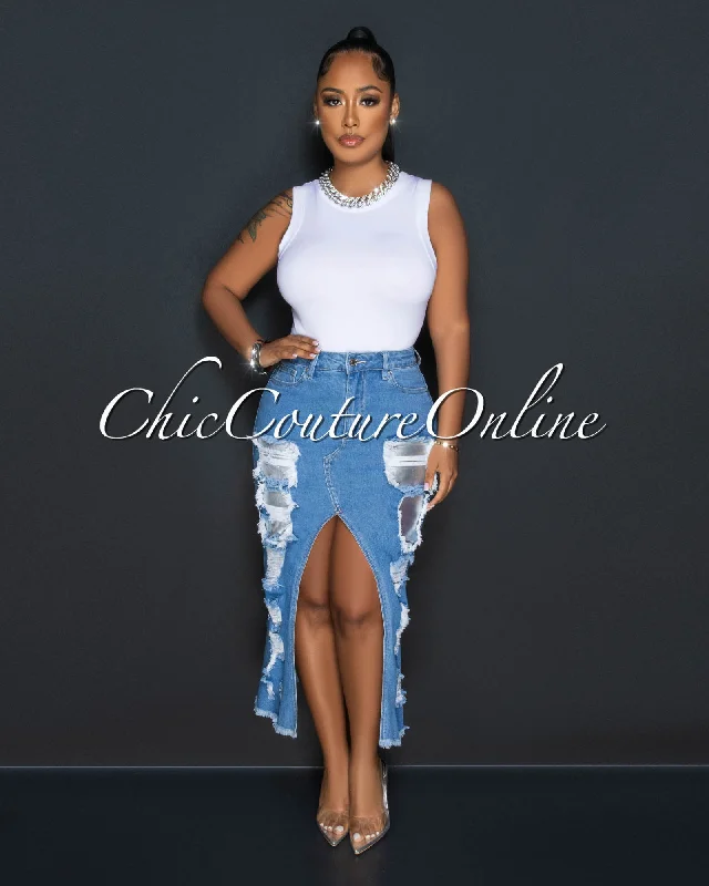 Raquel Medium Blue Distressed Accent Midi Skirt velvet skirt plush