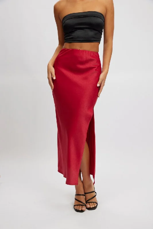 Red Slip Skirt High Waist Front Split Midaxi Satin silk skirt sleek
